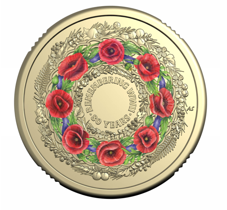 Australia 2025 80 Years Remembering WWII Poppy Wreath $2 Coloured Coin Loose