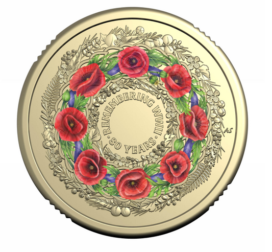 Australia 2025 80 Years Remembering WWII Poppy Wreath $2 Coloured Coin Loose