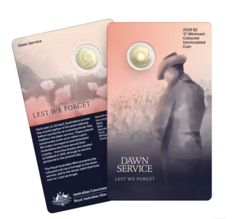 2026 $2 'C' Mintmark Coloured Uncirculated Coin – Dawn Service